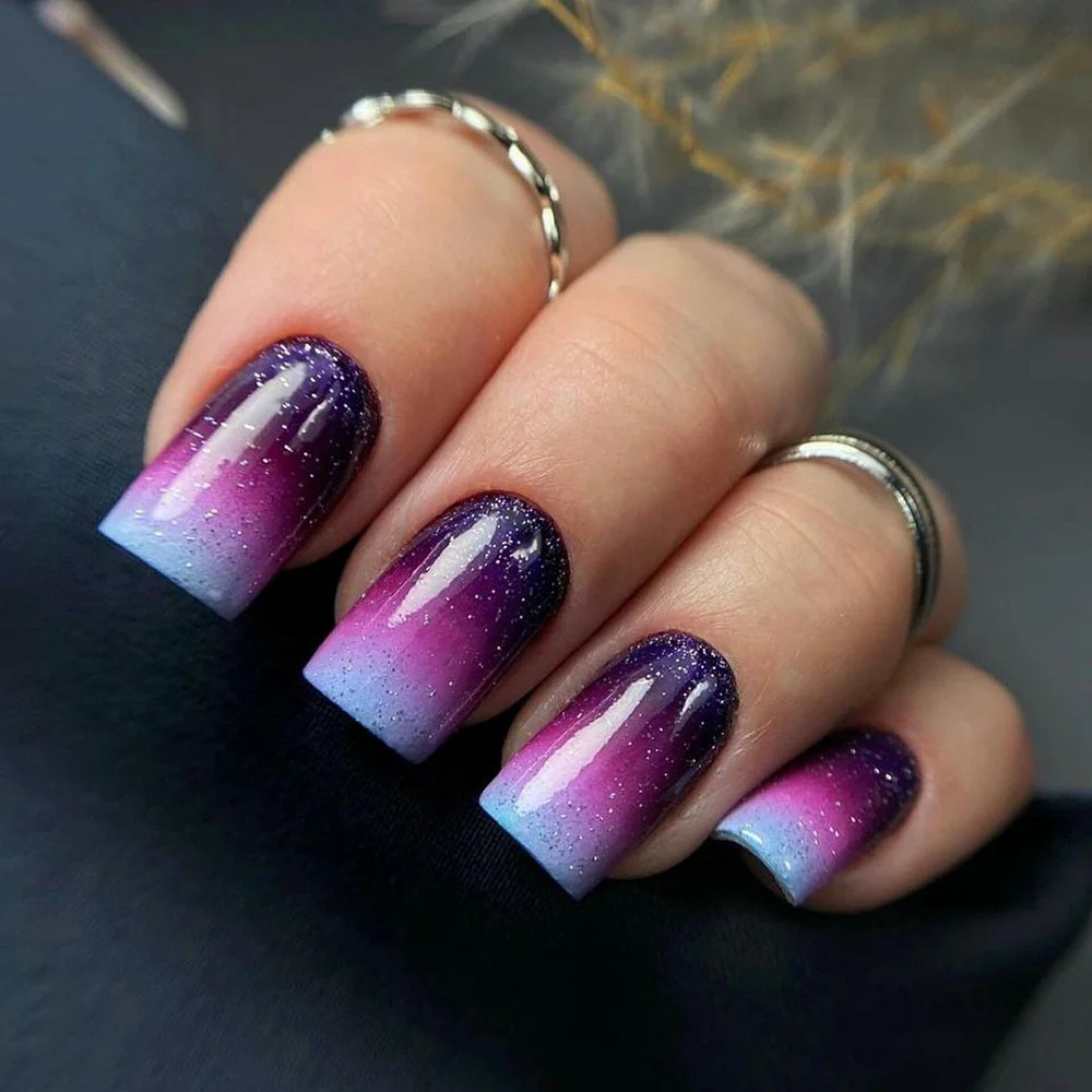 Cosmic Dreamscape Medium Square Purple to Blue Ombre Glitter Press on Nail Set