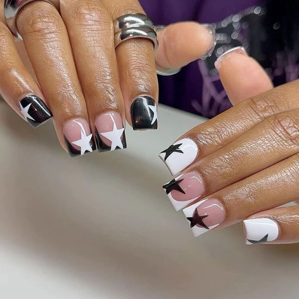 Cosmic Starry Night Press-On Nail Set Medium Square Black and White with Star Designs