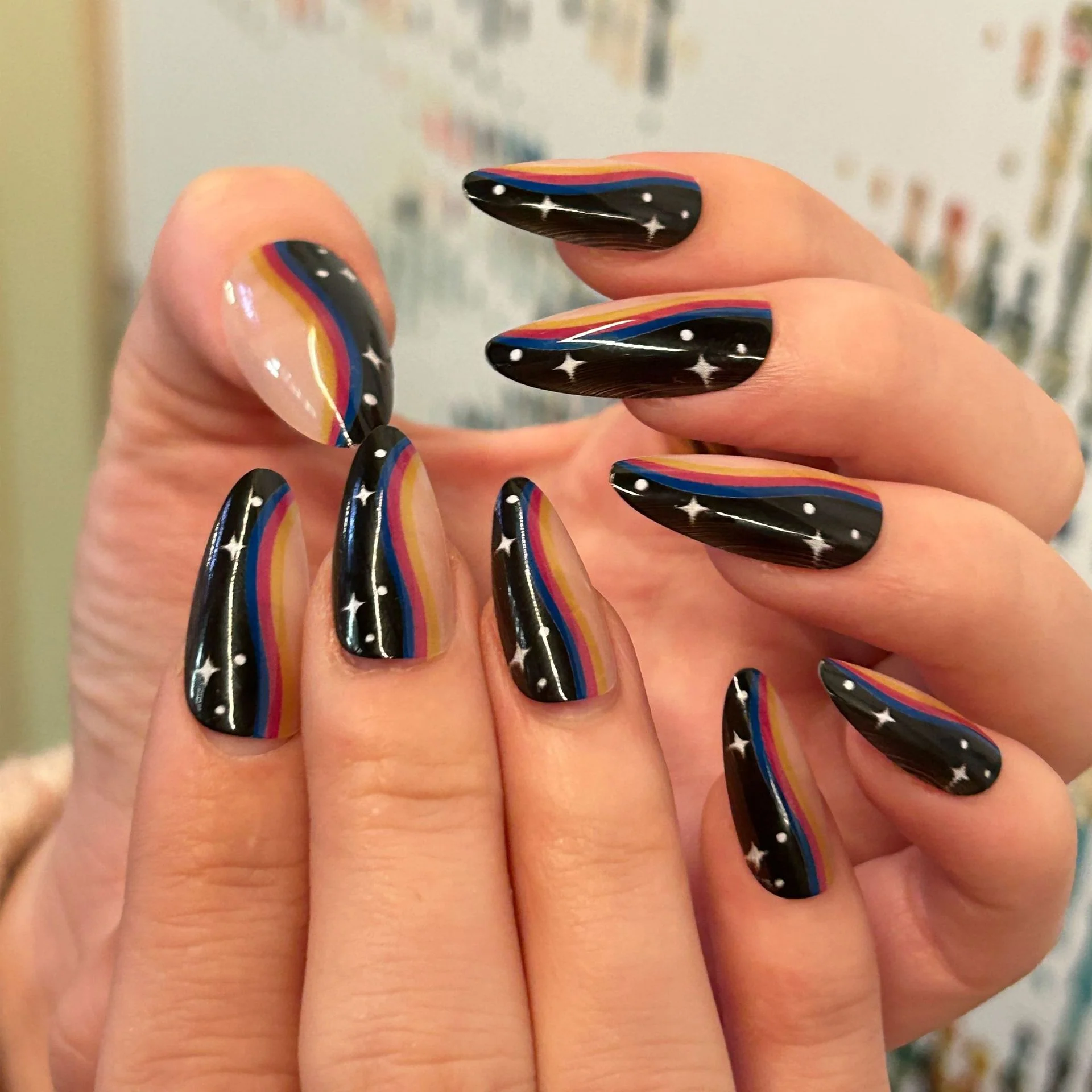 Cosmic Vibes Long Almond Black Rainbow Starry Press On Nail Set