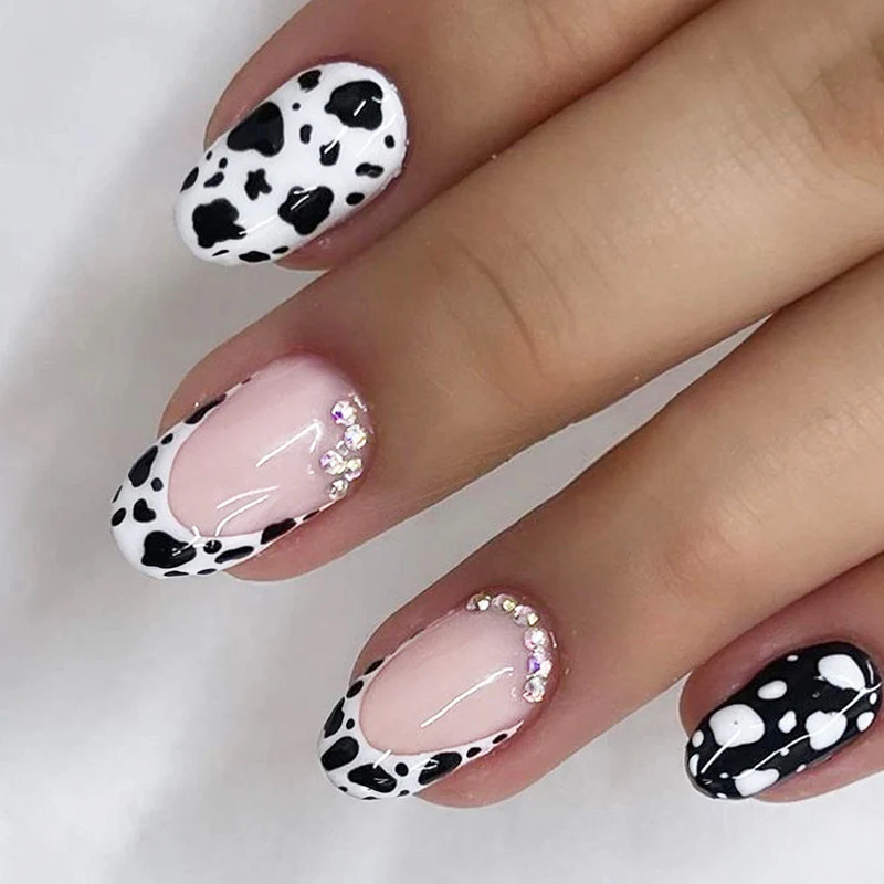 Cowboy Chic Short Round Black and White Cattle Print with Stunning Rhinestone Accents Press On Nail Set