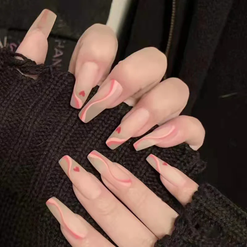 Cozy Winter Medium Coffin Press On Nail Set, Beige with Red Swirls and Heart Accents