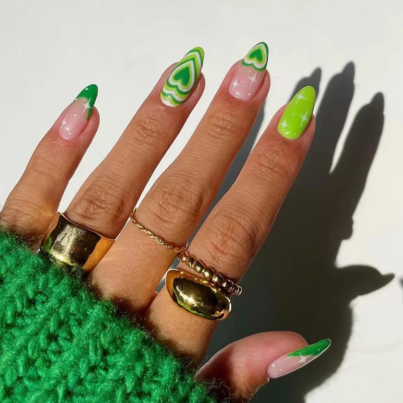 Crazy Love Struck Short Almond Green Hearts Press On Nails