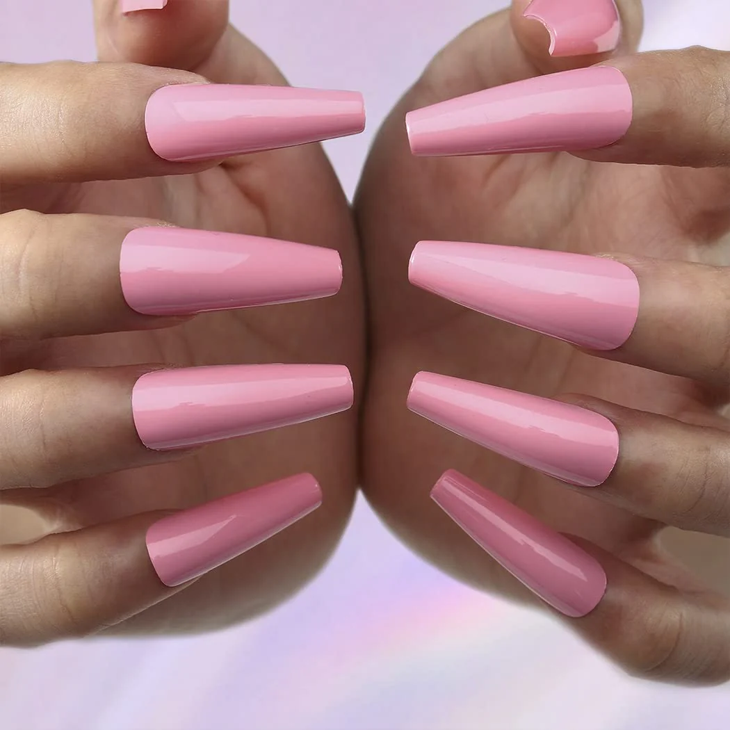 Crazy Peach Long Coffin Pink Bold Press On Nails - Image 4