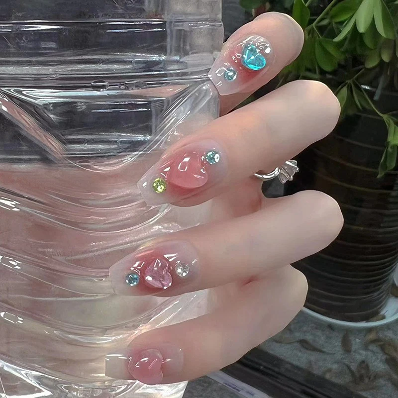 Crystal Cascade Medium Coffin Pink Gemstone Accented Press On Nail Set