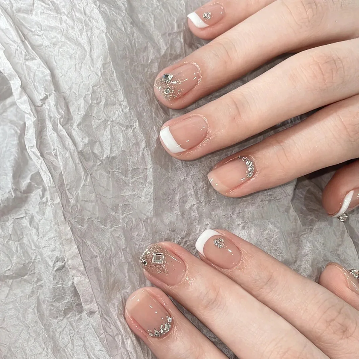 Crystal Couture Short Squoval Beige and White Press On Nail Set with Glitter and Rhinestone Embellishments