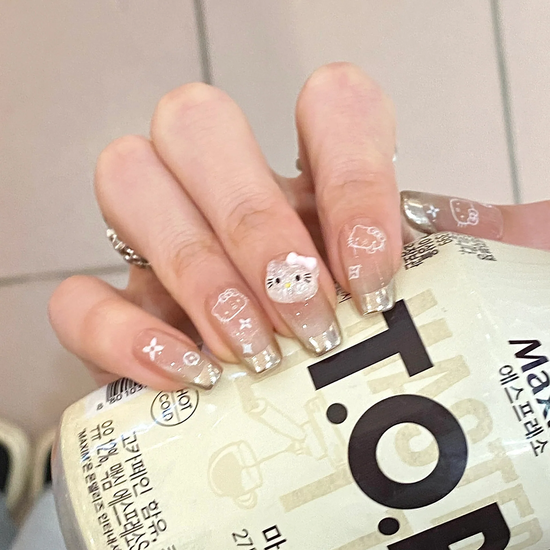 Cute Kawaii Dream Medium Square Clear Nails With Glitter Tips And Adorable Hello Kitty Design