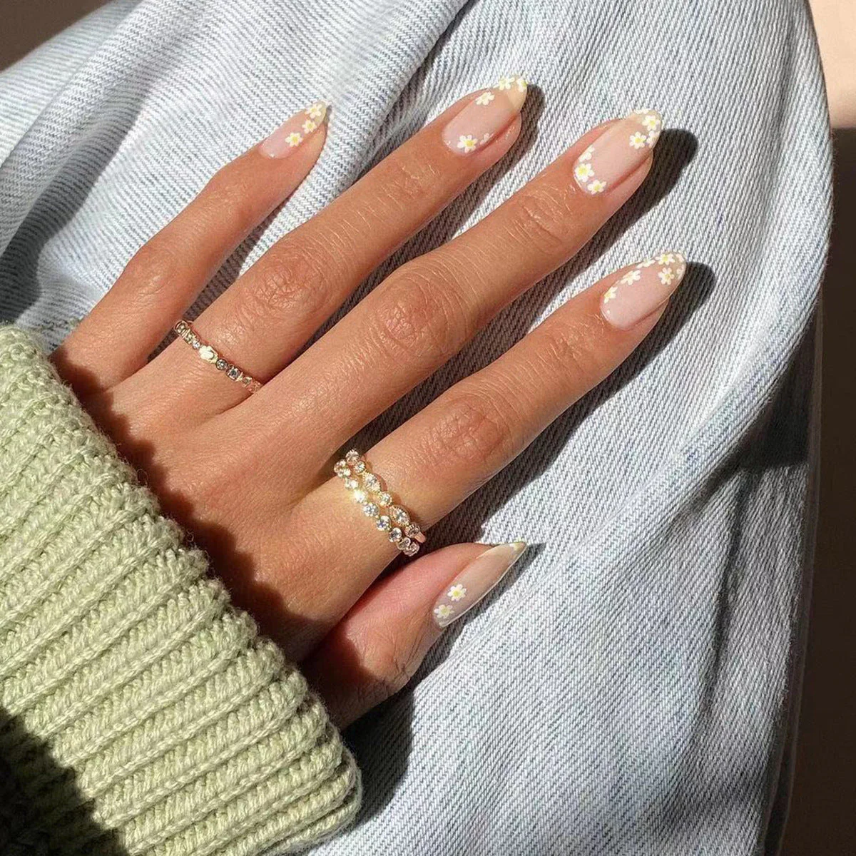 Flower Fields Medium Almond Beige Floral Press On Nails