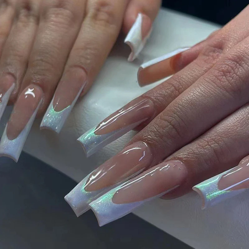 Dance Away Long Square White Glitter Press On Nails