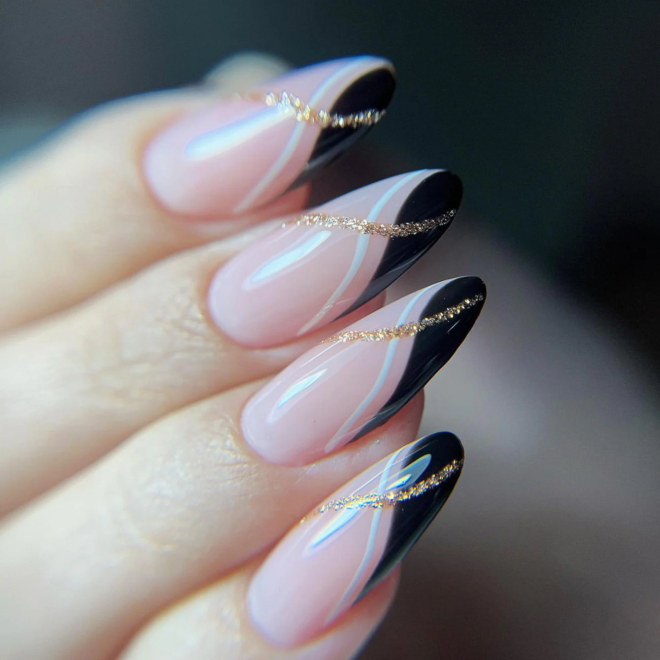 Dark Mode Medium Almond Black Abstract Press On Nails