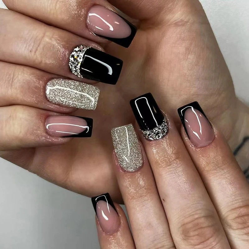 Dark Soul Medium Square Black Glitter Press On Nails