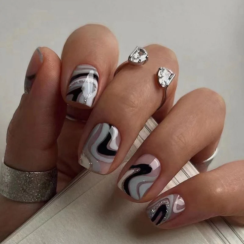 Dark Winds Short Square Gray Groovy Press On Nails