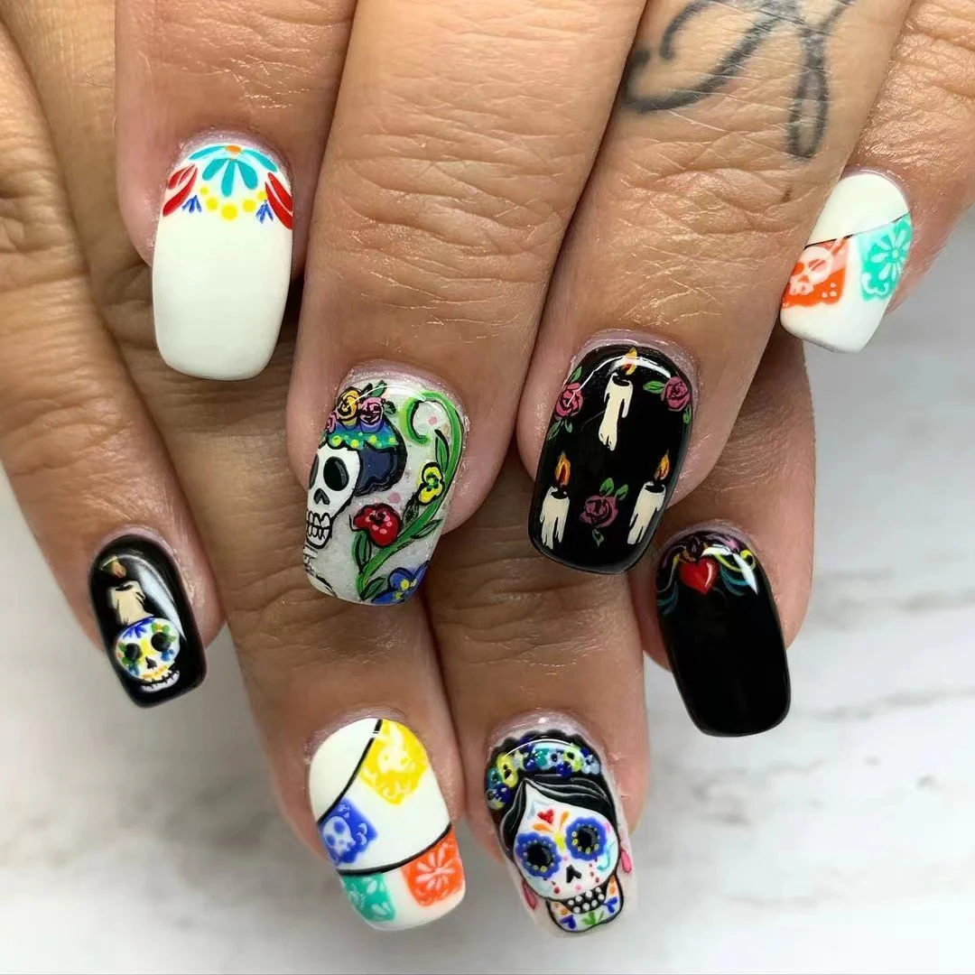 Day of the Dead Inspired Long Square Colorful Press On Nail Set with Unique Sugar Skull Designs