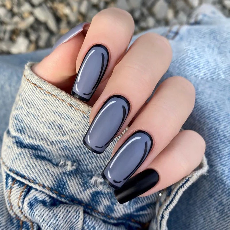 Denim Days Long Square Press-On Nail Set, Smokey Grey with Glossy Black Tips