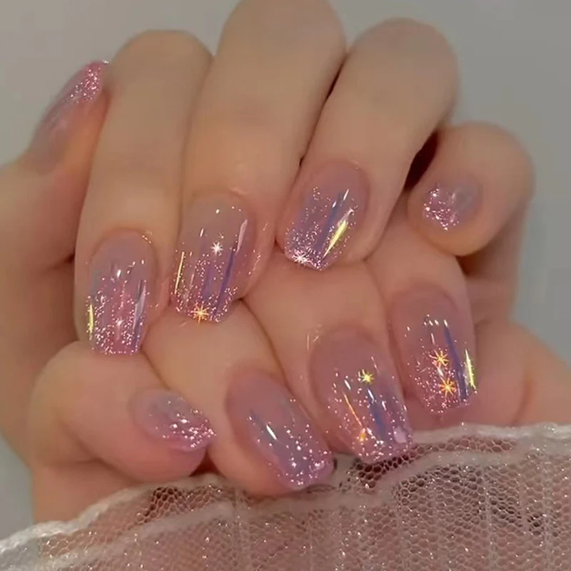 Digital Nomad Medium Coffin Pink Glitter Press On Nails