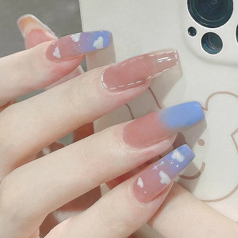 Dream Trick Long Coffin Blue Cute Press On Nails