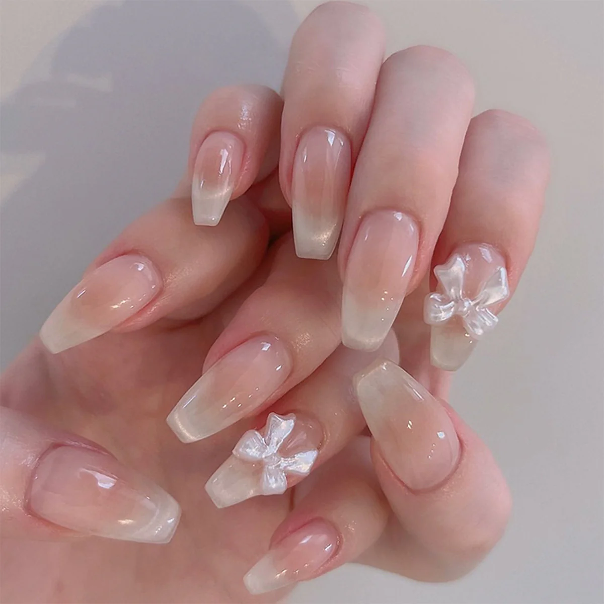 Dreamy Elegance Medium Coffin Ombre Beige with Charming Bow Accents Press-On Nail Set