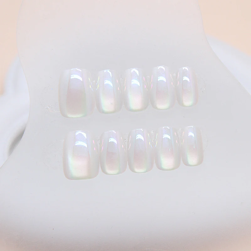 Dreamy Mermaid Inspired Medium Square White Iridescent Press On Nail Set with Glamorous Shine
