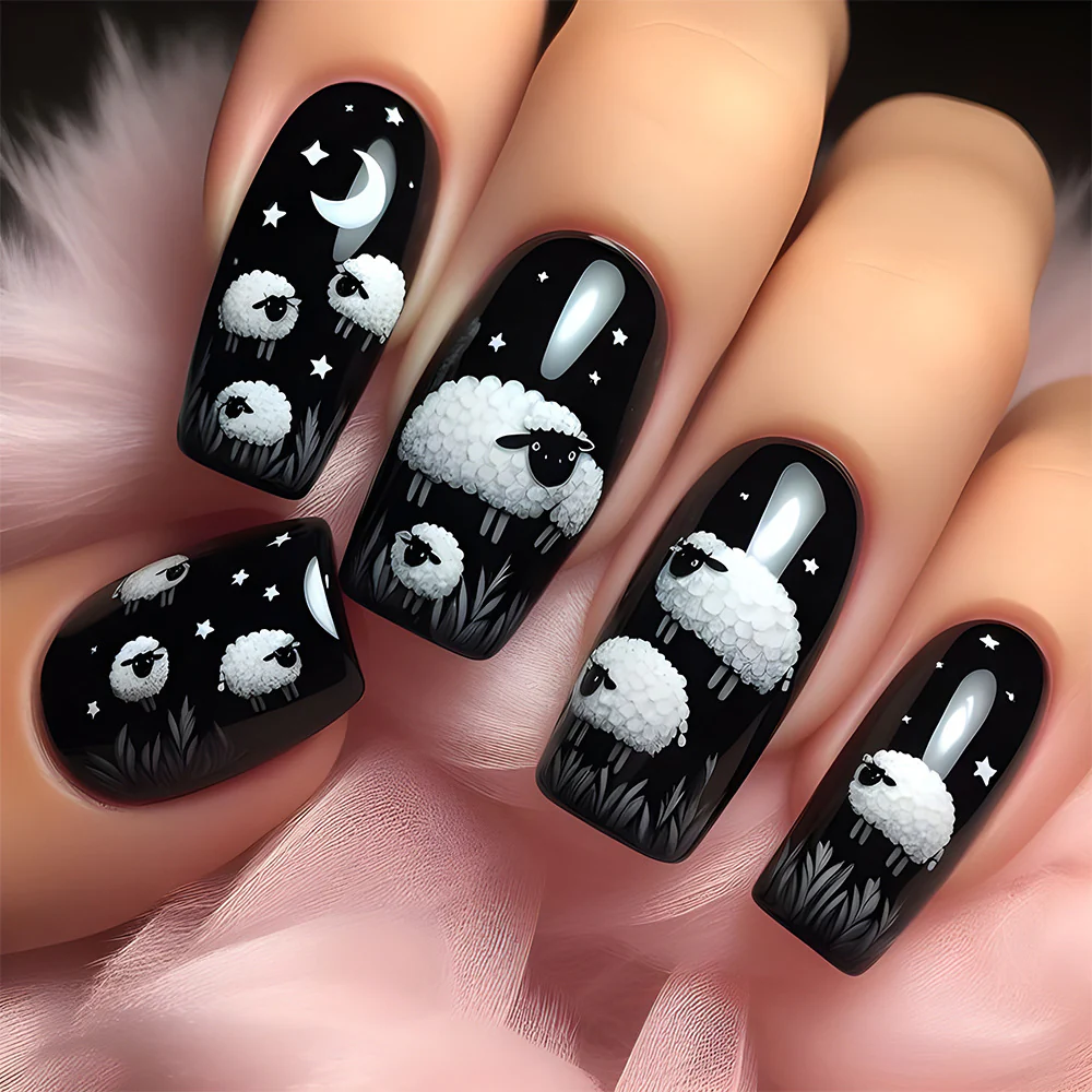 Dreamy Nighttime Sheep Design Medium Square Black Press On Nail Set with Unique Whimsical Sheep Art Feature