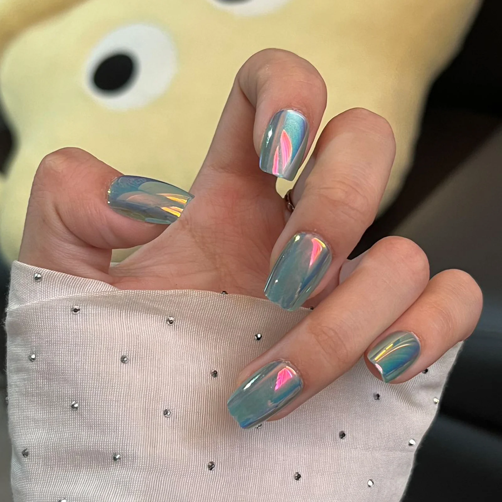 Dreamy Ocean Vibes Medium Square Aquamarine Press On Nails with Stunning Rainbow Reflection Feature