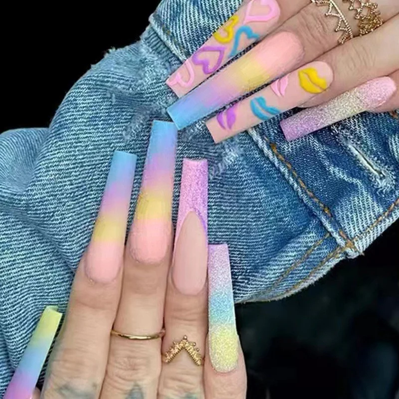 Dreamy Pastel Extra Long Coffin Press On Nail Set, Multicolor Gradient with Glitter and Swirl Accents