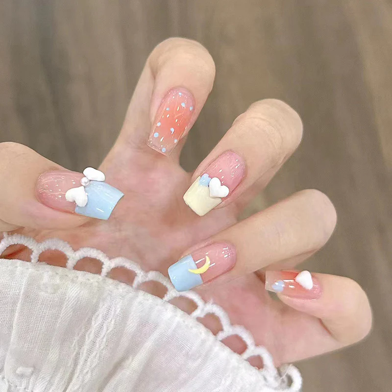 Dreamy Pastel Skies Medium Square Press-On Nail Set with Cloud and Crescent Moon Accents in Soft Pink and Blue Shades