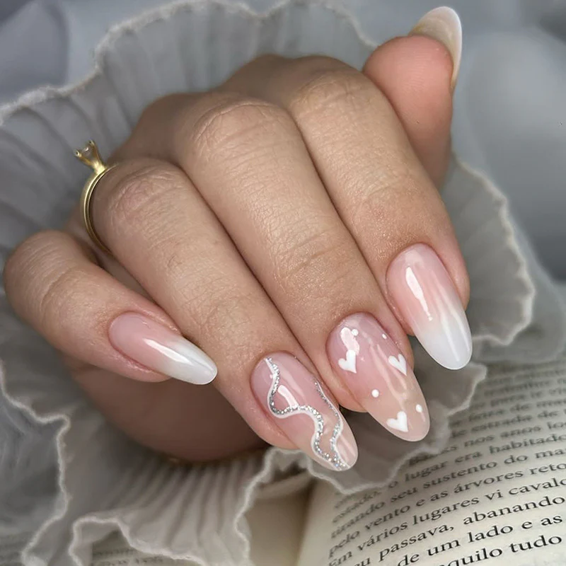 Dreamy Romance Long Oval Ombre Pink White Press On Nail Set with Heart and Glitter Accents