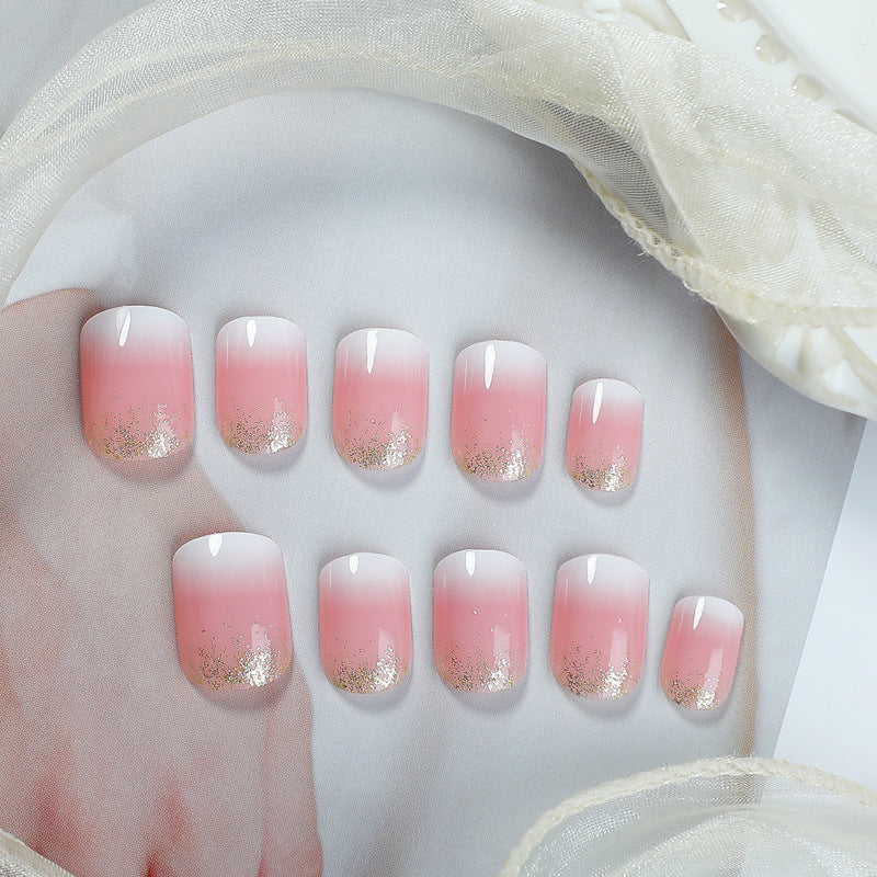 Dreamy Rose Ombre Short Square Pink Gradient Nails with Sparkling Gold Tips