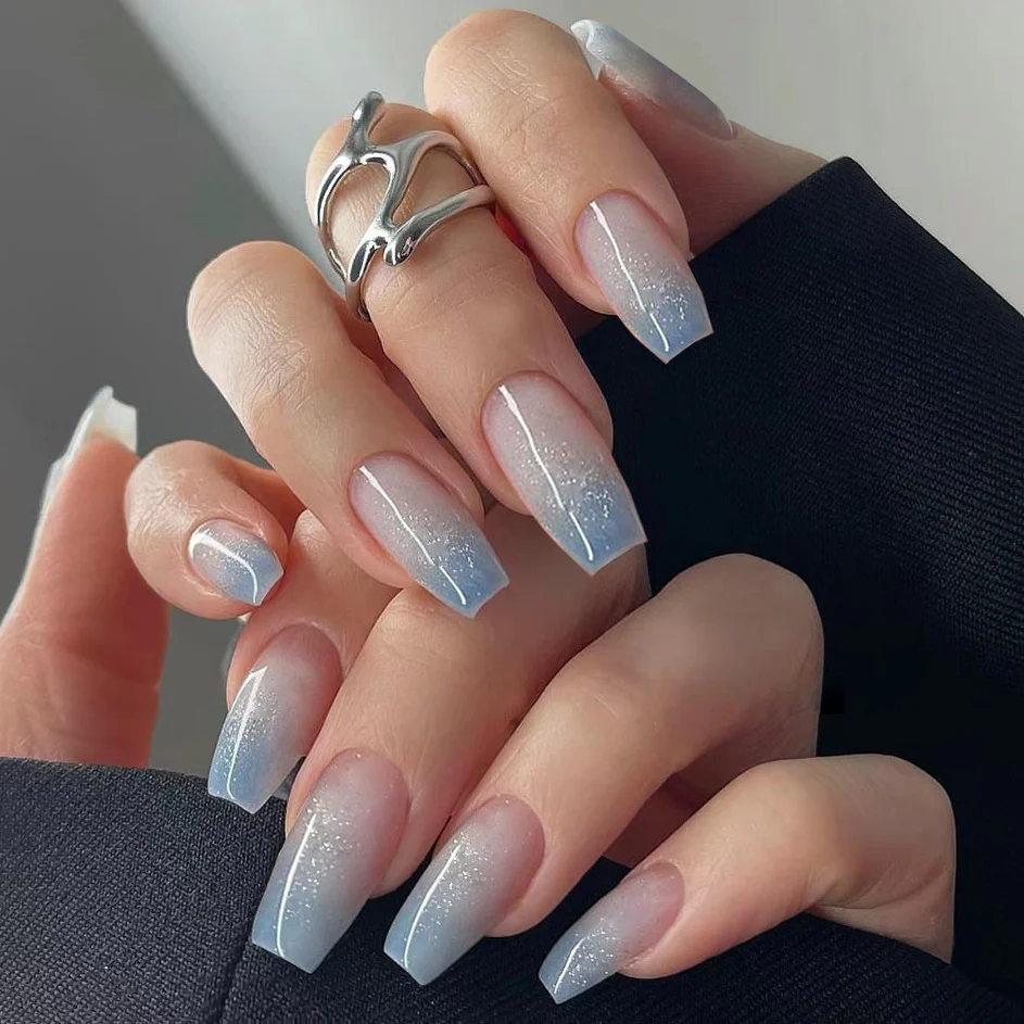 Dreamy Winter Wonderland Long Coffin Blue Ombre Press On Nail Set with Sparkling Glitter Finish