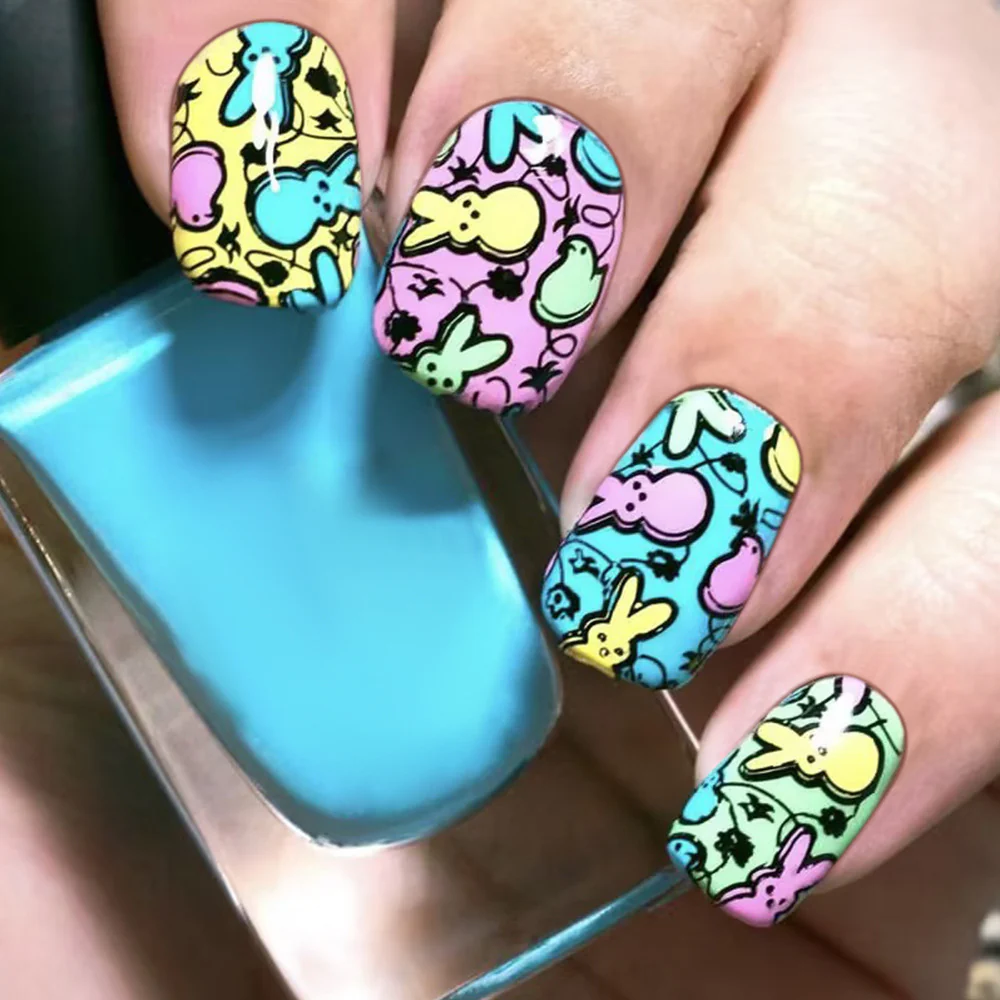 Easter Bunny Adventure Medium Round Multicolor Press On Nail Set Featuring Playful Bunny Patterns