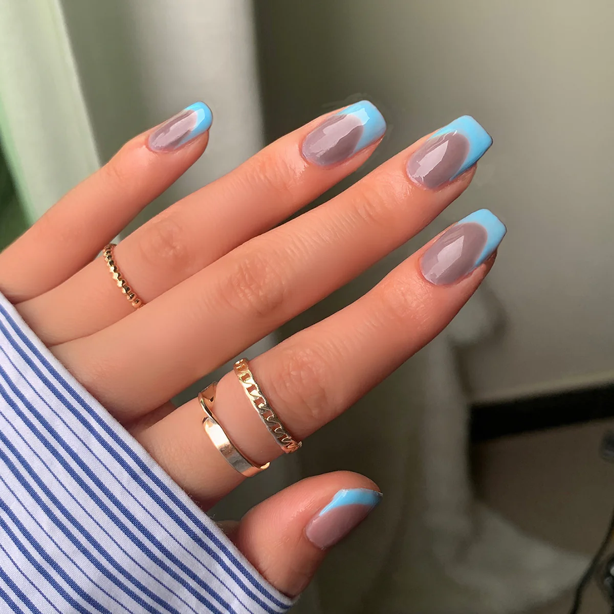 Electric Raincloud Short Square Gray French Tips Press On Nails