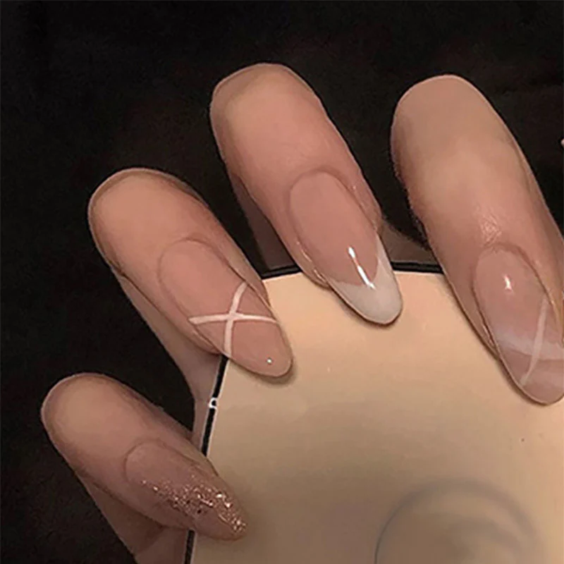 Elegant Affair Long Almond Beige Press On Nail Set with Rhinestone Accents and Geometric Art Design