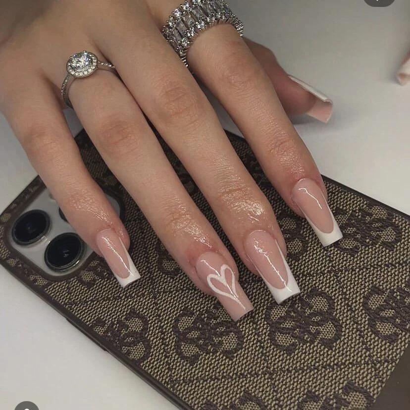 Elegant Affair Long Coffin Beige and White Ombre Press On Nail Set with Heart Accents