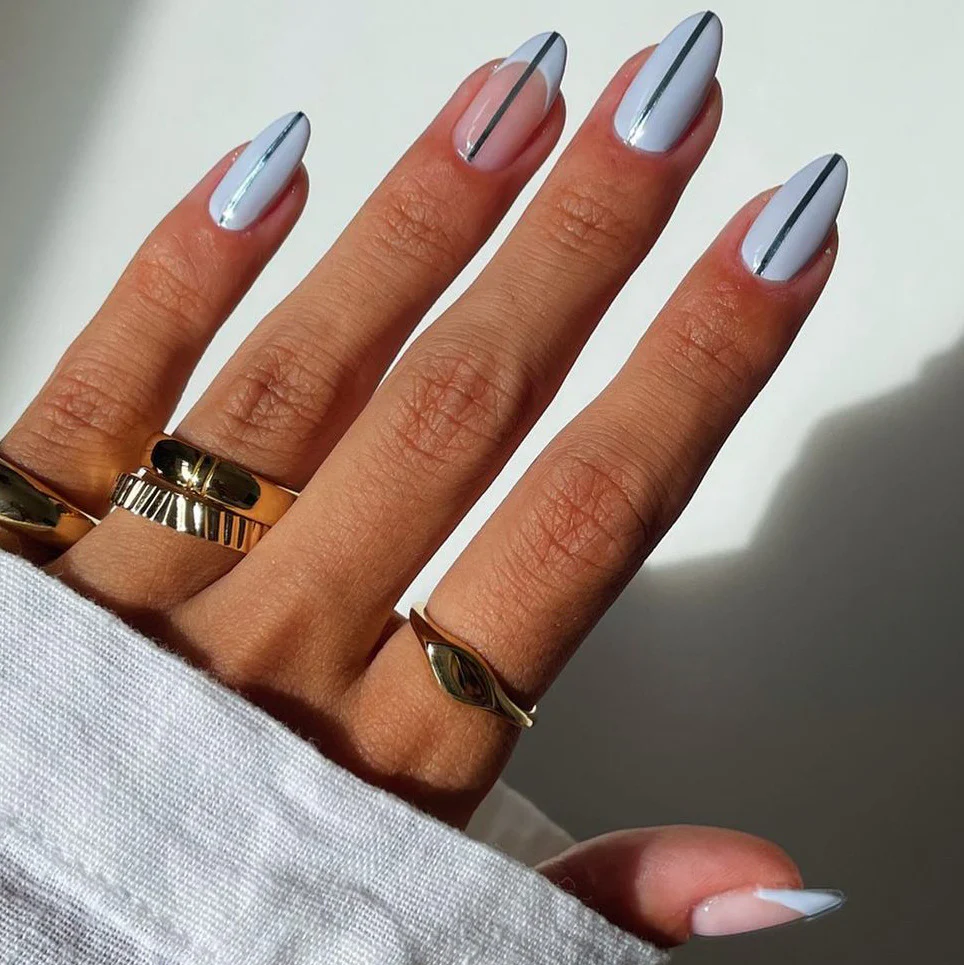 Elegant Affair Medium Almond White French Tip Press On Nail Set with Accent Black Line Design