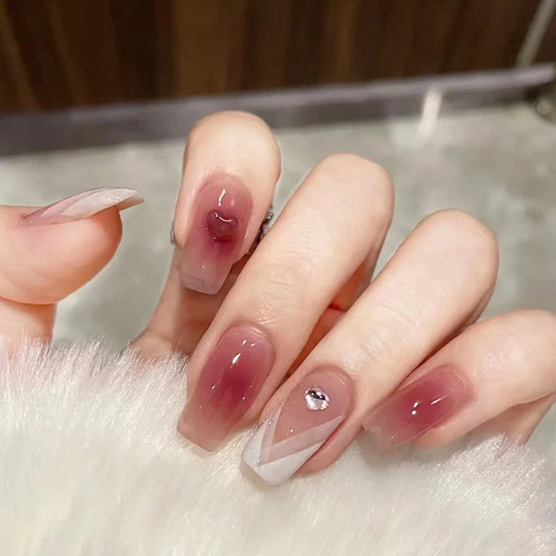 Elegant Affair Medium Coffin Maroon Press On Nails with Sheer Pink Base and Crystal Embellishments
