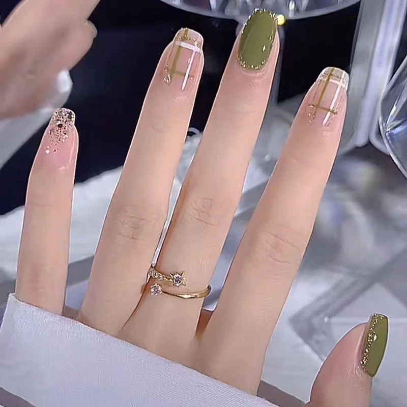 Elegant Affair Medium Coffin Pink and Olive Rhinestone Accent Press On Nail Set