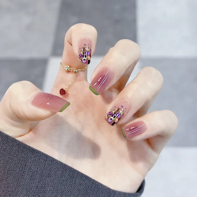 Elegant Affair Short Square Ombre Pink Press On Nails with Glitter Accents and Rhinestone Embellishments