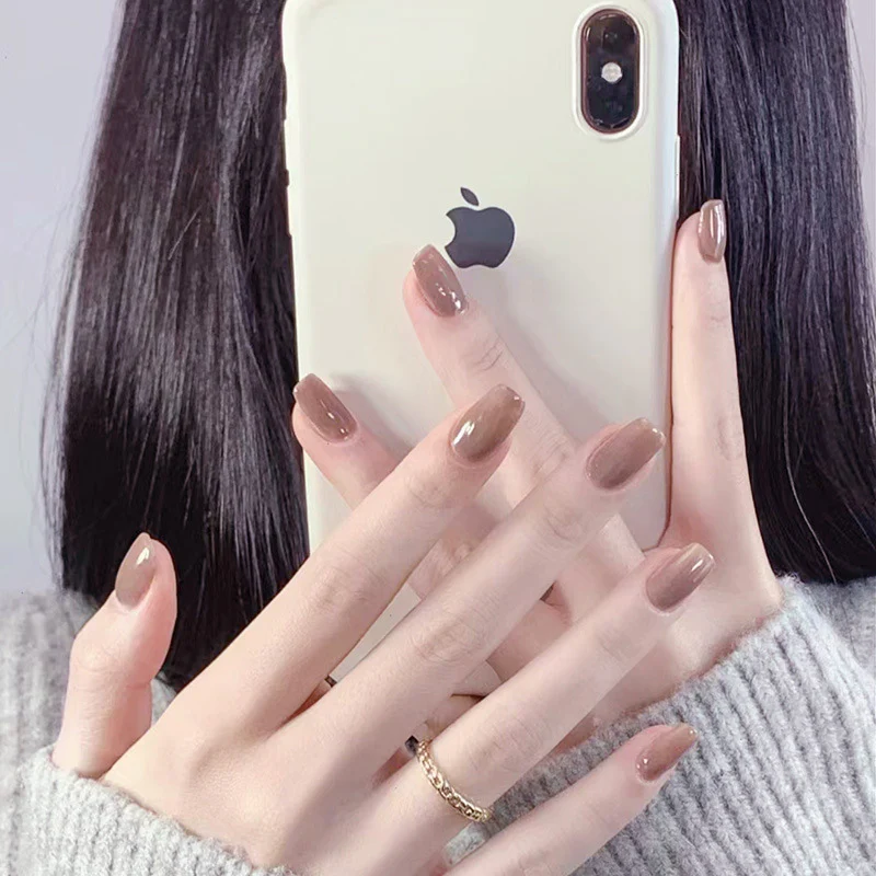 Elegant Autumn Bliss Medium Square Brown Glossy Press On Nail Set with Unique Shine Finish