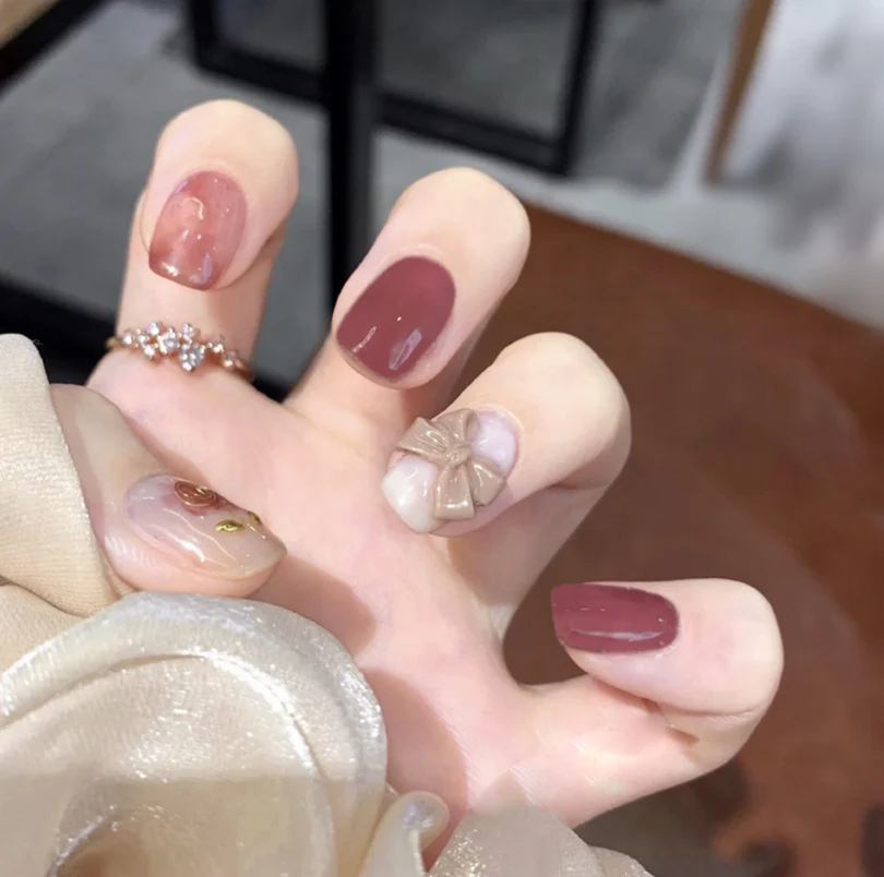 Elegant Autumn Bliss Medium Square Burgundy and Beige Press On Nail Set with 3D Bow Accent