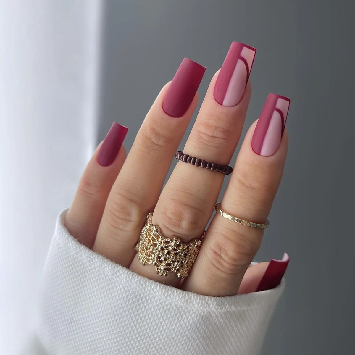 Elegant Autumn Vibes Long Square Mauve Press On Nail Set with Creative Negative Space Design