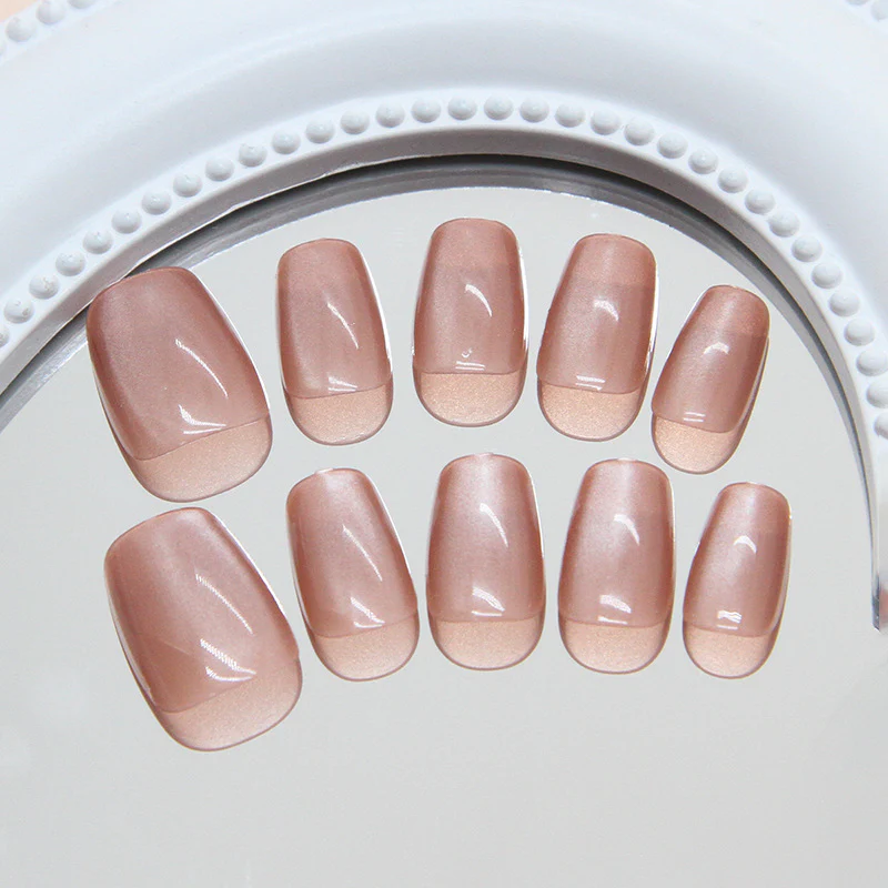 Elegant Bliss Beige Short Square Shaped Press On Nail Set with Iridescent Finish