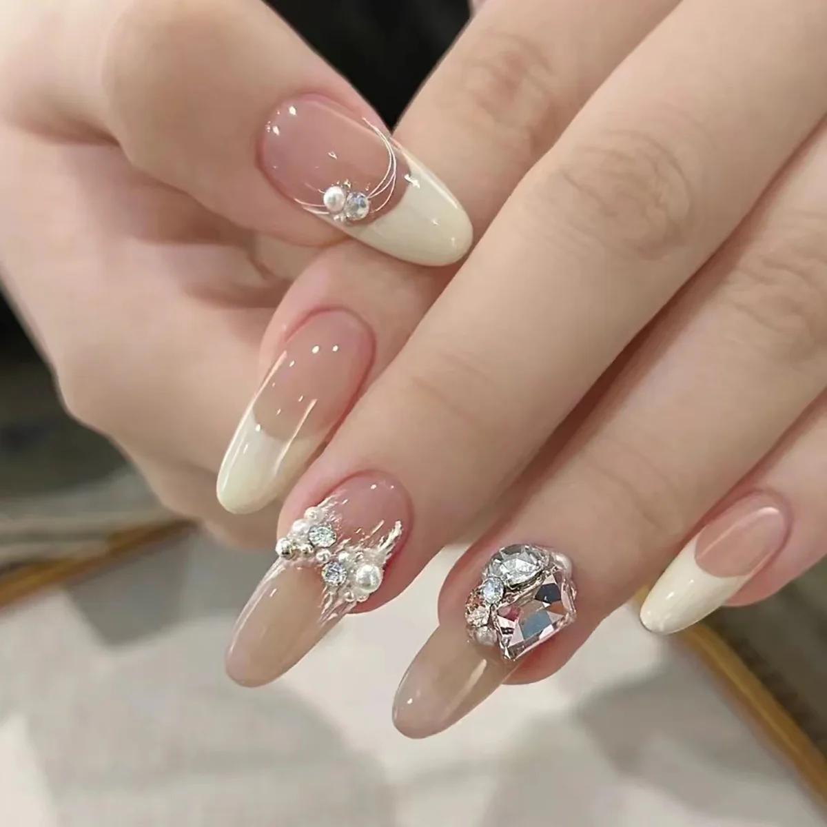 Elegant Bridal Almond-Shaped Long Pink Ombré Press On Nails with Rhinestone Accents