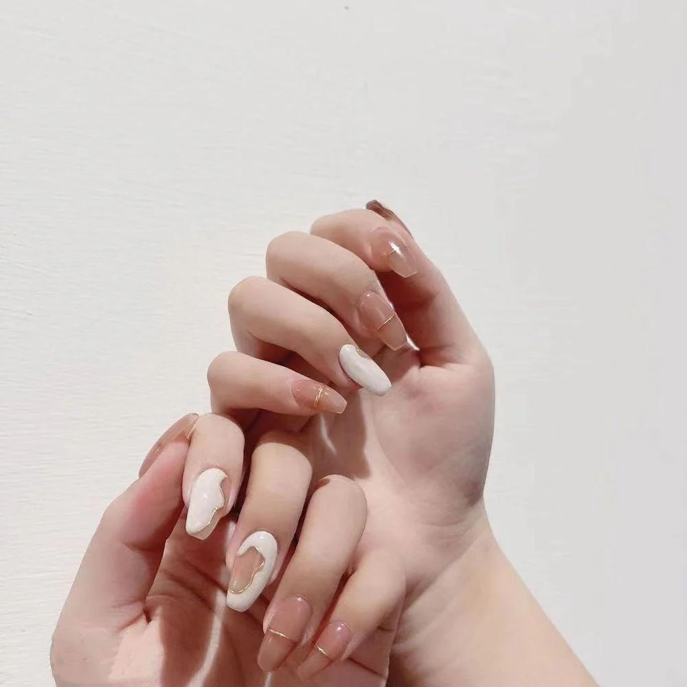 Elegant Bridal Collection Medium Coffin Beige Press On Nails with White Accent and Pearl Detail