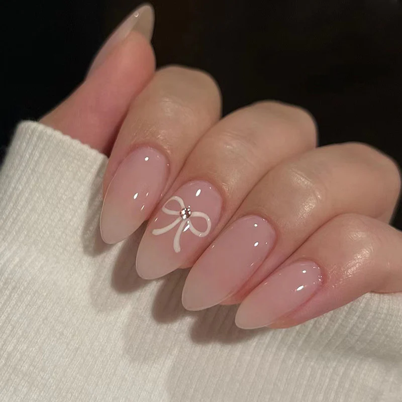 Elegant Bridal Collection Medium-Length Oval Pink Press On Nails with Delicate White Bow Accent