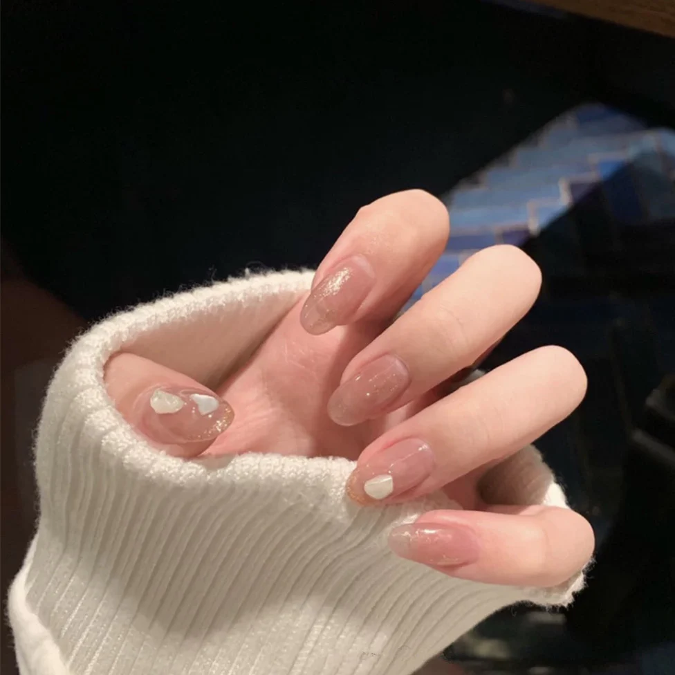 Elegant Bridal Collection Medium Oval Beige Press On Nails with Accent Glitter Design