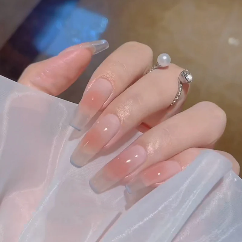 Elegant Bridal Long Coffin Pink Ombre Press On Nail Set with Accent Gems