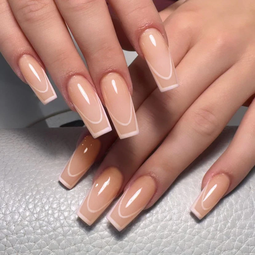 Elegant Bridal Long Square Beige Press On Nails with French Tips Design