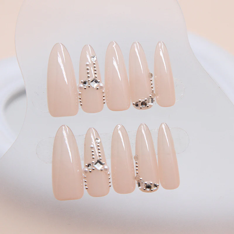 Elegant Bridal Long Stiletto Beige Press on Nails with Rhinestone Accents