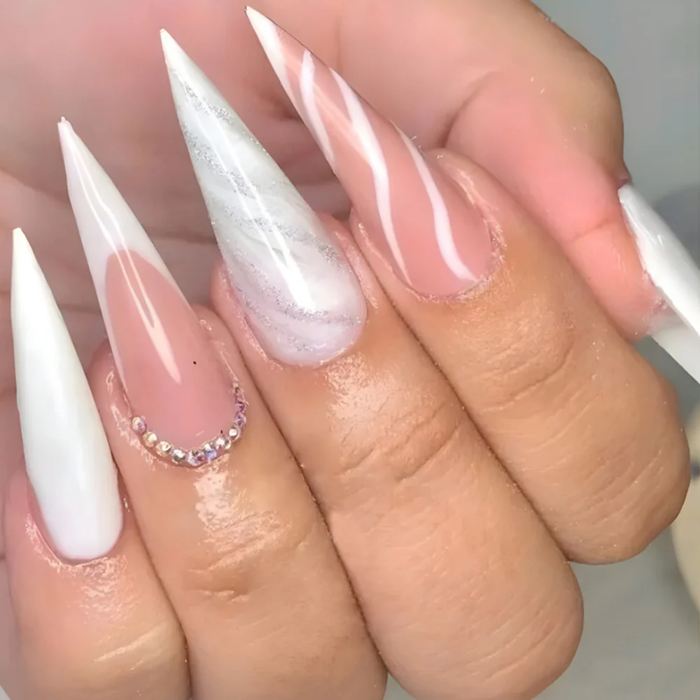 Elegant Bridal Long Stiletto Pink and White Ombre Press On Nail Set with Rhinestone Accents