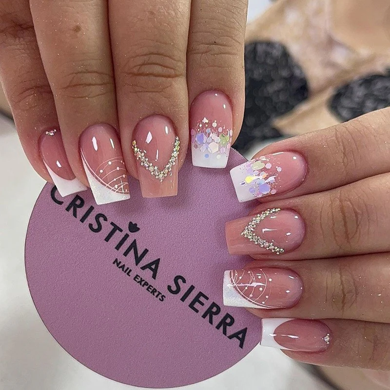 Elegant Bridal Medium Square Pink Press-On Nail Set with White Tips and Glitter Accents