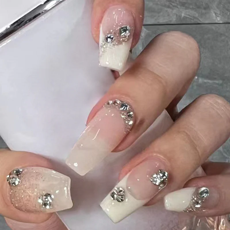 Elegant Bridal Ombre Long Coffin Beige Glitter Rhinestone Embellished Press On Nail Set